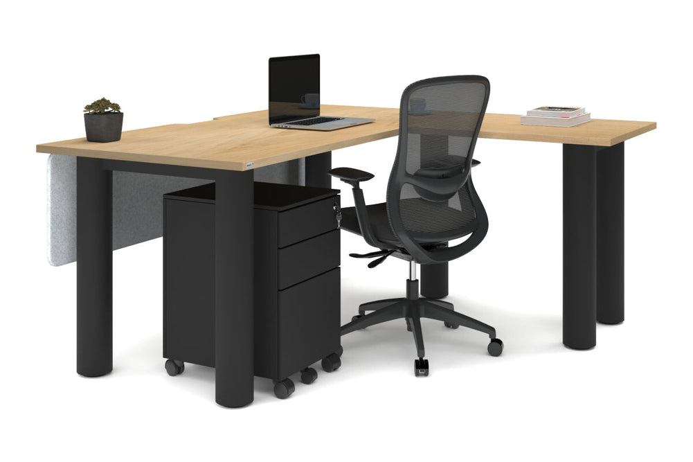 Quadro Cylinder Leg - L Shaped Corner Office Desk  [1600L x 1800W with Cable Scallop]-black leg dark oak metal modesty panel