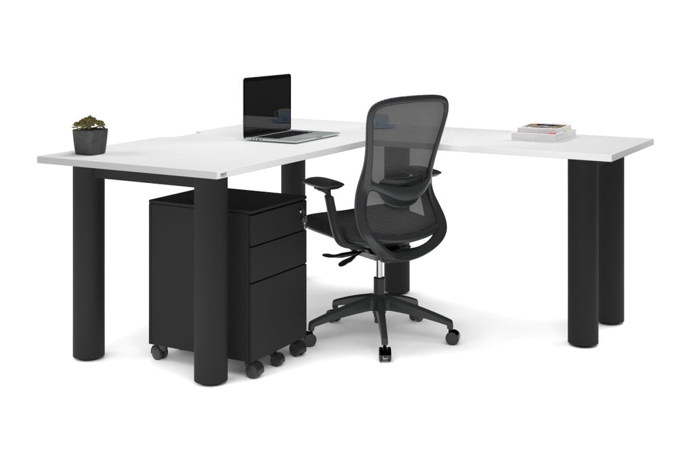 Quadro Cylinder Leg - L Shaped Corner Office Desk  [1600L x 1800W with Cable Scallop]-black leg dark oak metal modesty panel