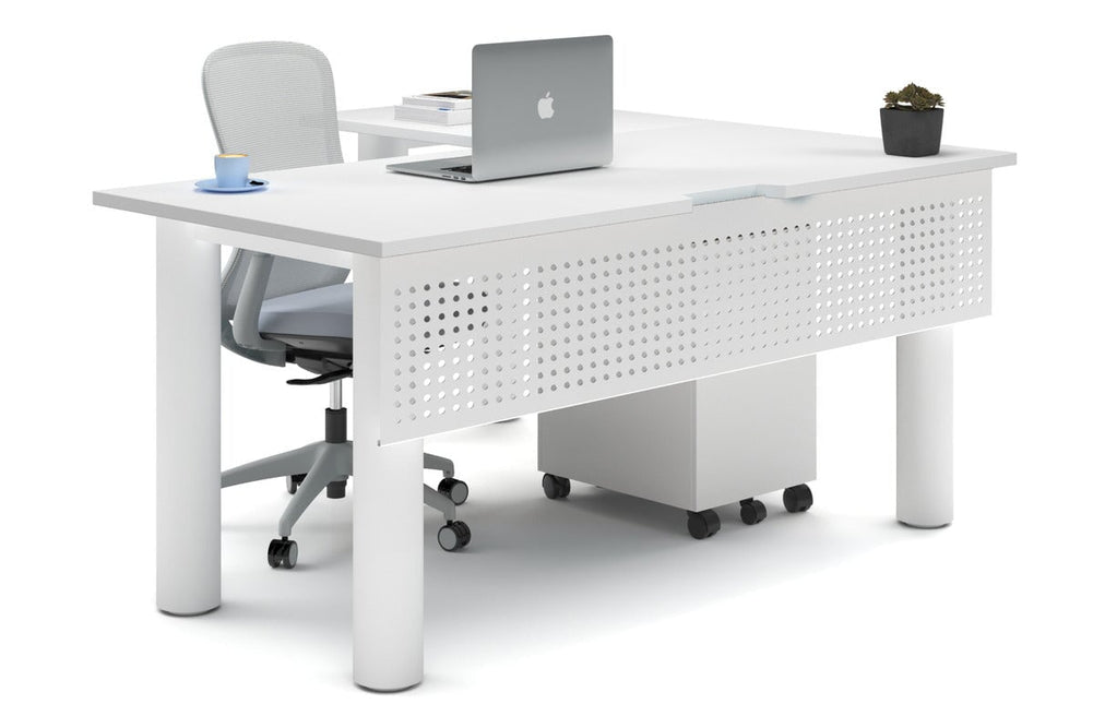 Quadro Cylinder Leg - L Shaped Corner Office Desk  [1600L x 1800W with Cable Scallop]-white leg white metal modesty panel