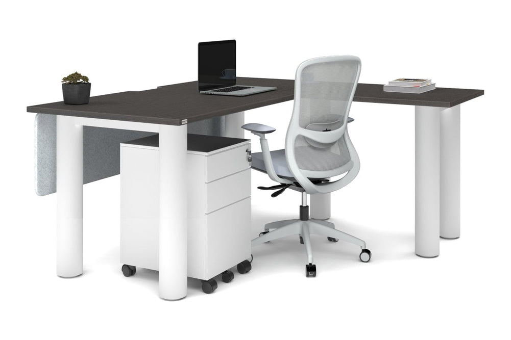 Quadro Cylinder Leg - L Shaped Corner Office Desk  [1600L x 1800W with Cable Scallop]-black leg dark oak metal modesty panel