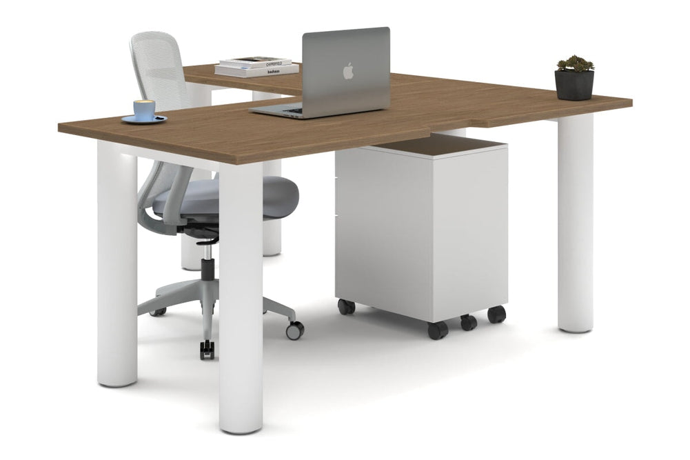 Quadro Cylinder Leg - L Shaped Corner Office Desk  [1600L x 1800W with Cable Scallop]-white leg salvage oak none