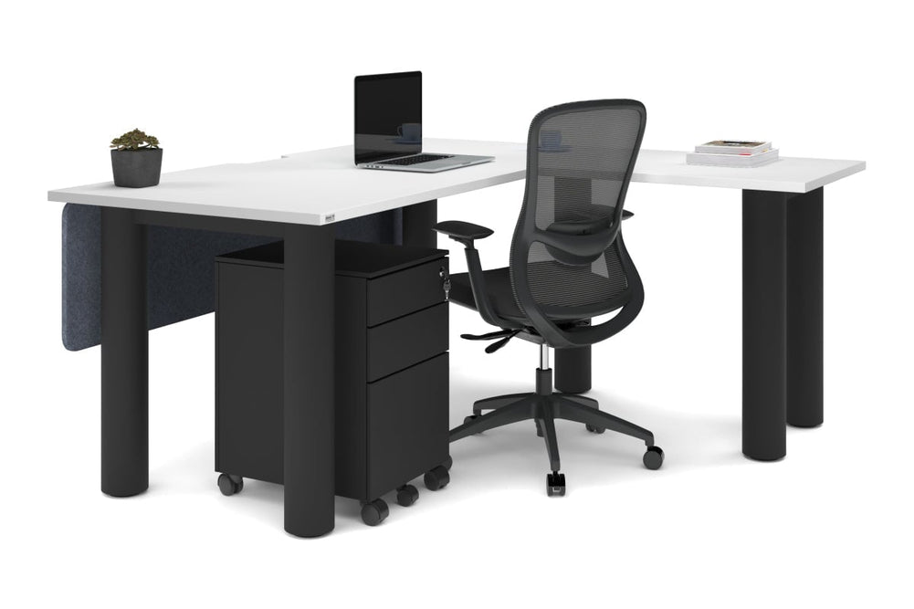Quadro Cylinder Leg - L Shaped Corner Office Desk  [1600L x 1800W with Cable Scallop]-black leg dark oak metal modesty panel