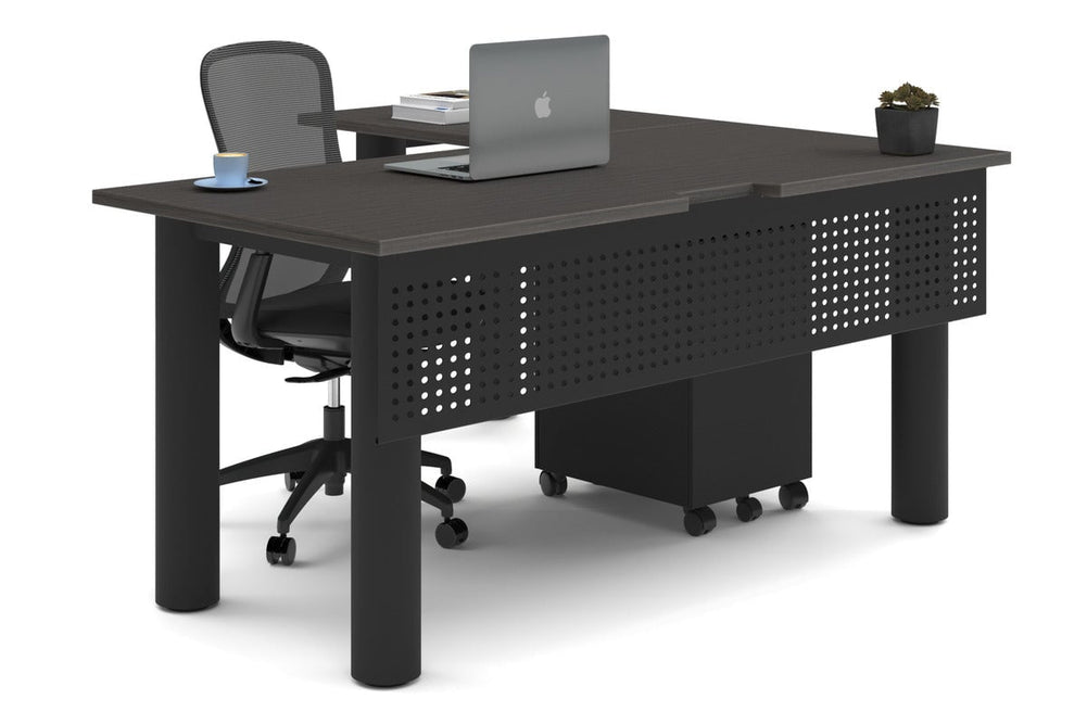 Quadro Cylinder Leg - L Shaped Corner Office Desk  [1600L x 1800W with Cable Scallop]-black leg dark oak metal modesty panel