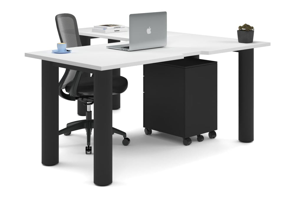 Quadro Cylinder Leg - L Shaped Corner Office Desk  [1600L x 1800W with Cable Scallop]-black leg white none