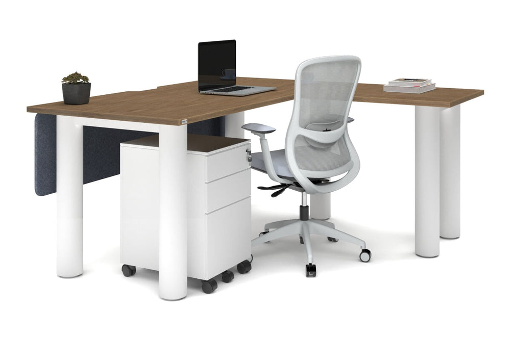 Quadro Cylinder Leg - L Shaped Corner Office Desk  [1600L x 1800W with Cable Scallop]-black leg dark oak metal modesty panel
