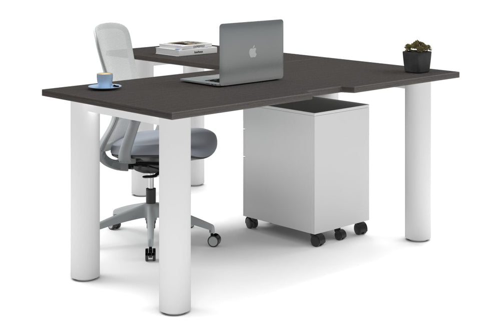 Quadro Cylinder Leg - L Shaped Corner Office Desk  [1600L x 1800W with Cable Scallop]-white leg dark oak none