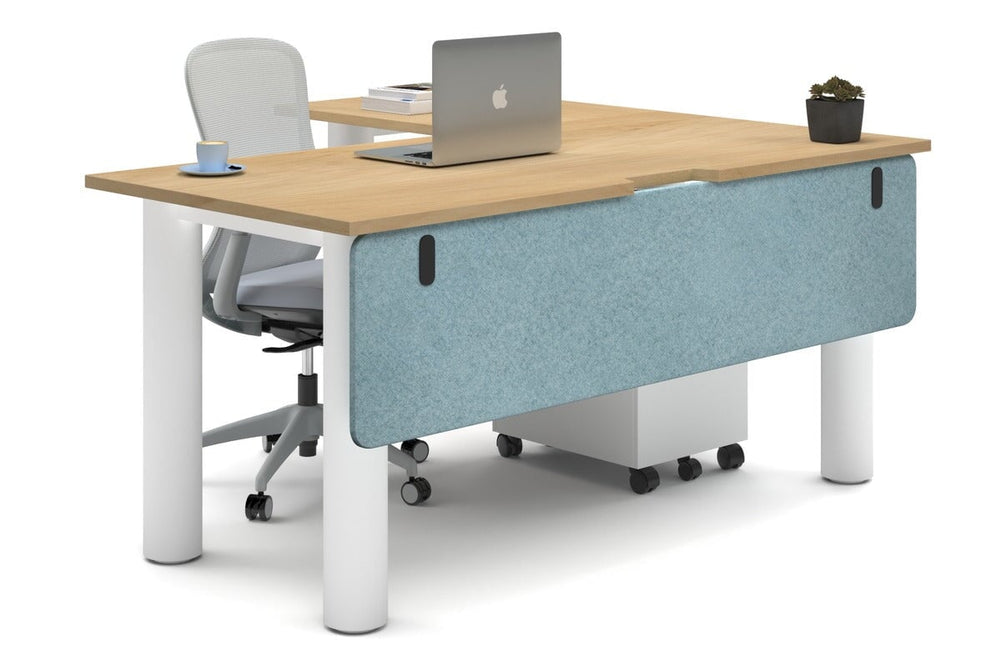 Quadro Cylinder Leg - L Shaped Corner Office Desk  [1600L x 1800W with Cable Scallop]-white leg maple blue acoustic modesty panel (350H x 1600W)
