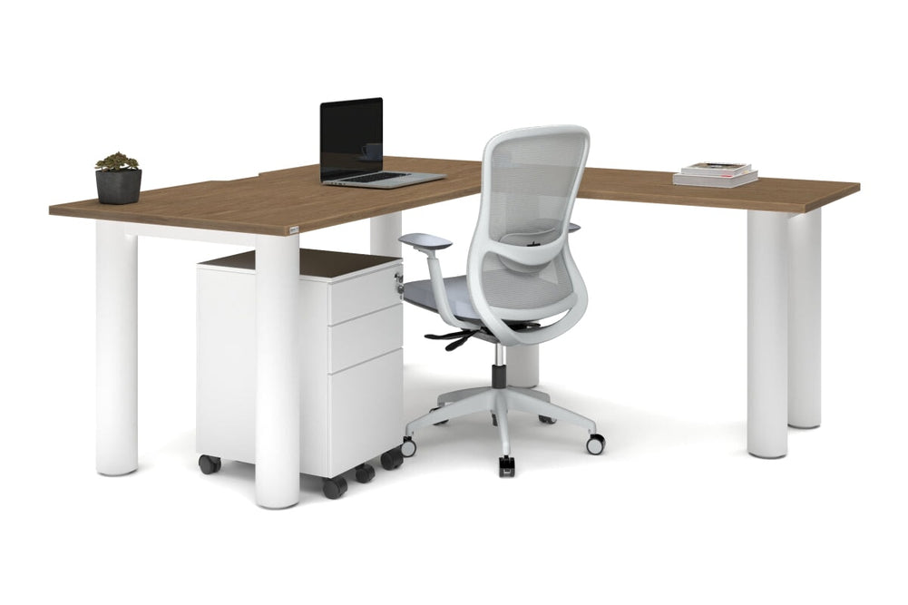 Quadro Cylinder Leg - L Shaped Corner Office Desk  [1600L x 1800W with Cable Scallop]-black leg dark oak metal modesty panel