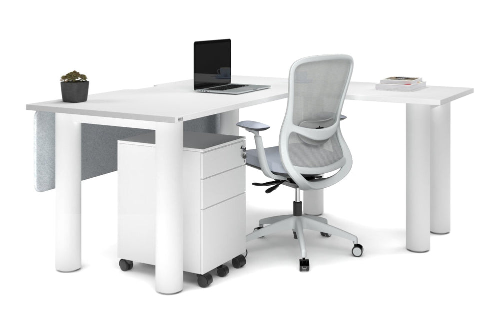 Quadro Cylinder Leg - L Shaped Corner Office Desk  [1600L x 1800W with Cable Scallop]-black leg dark oak metal modesty panel