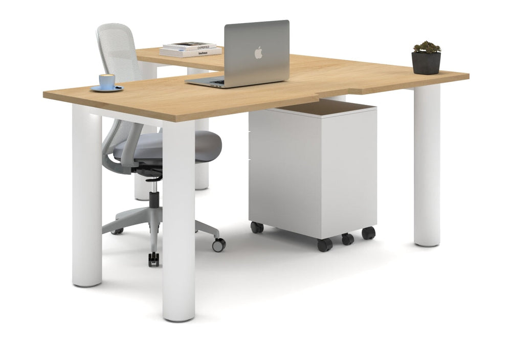 Quadro Cylinder Leg - L Shaped Corner Office Desk  [1600L x 1800W with Cable Scallop]-white leg maple none