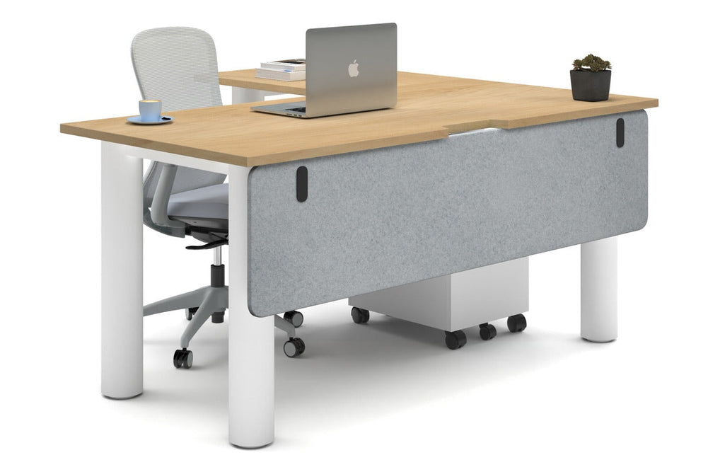 Quadro Cylinder Leg - L Shaped Corner Office Desk  [1600L x 1800W with Cable Scallop]-white leg maple light grey acoustic modesty panel (350H x 1600W)