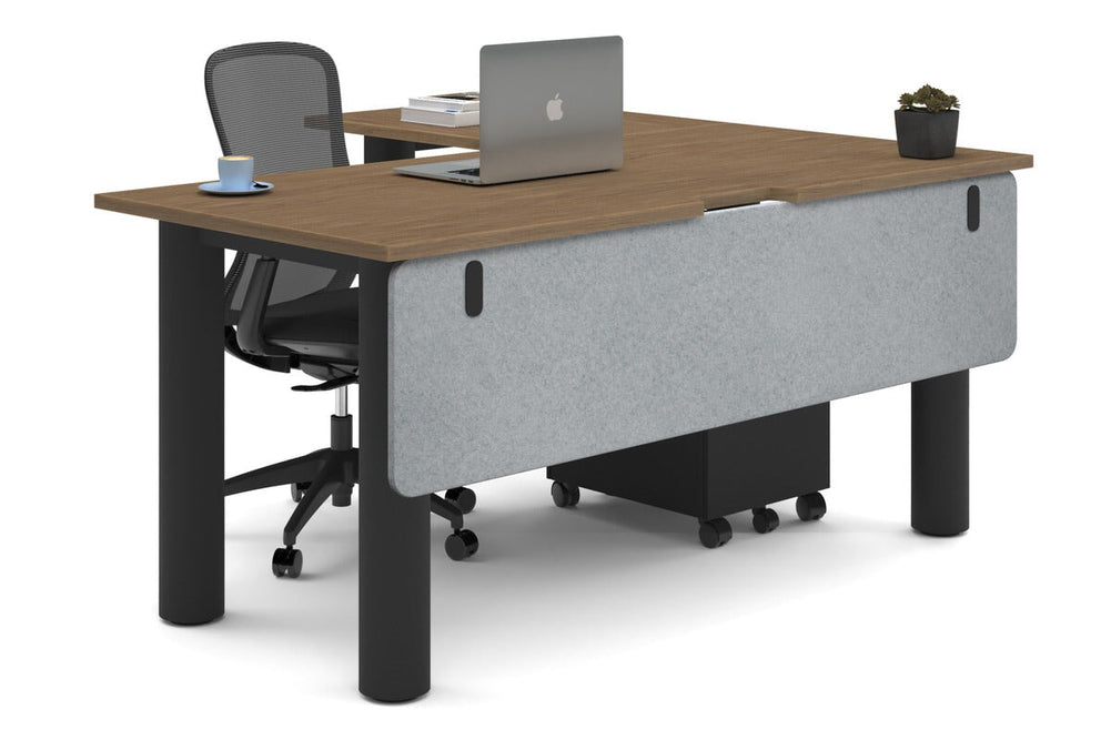 Quadro Cylinder Leg - L Shaped Corner Office Desk  [1600L x 1800W with Cable Scallop]-black leg salvage oak light grey acoustic modesty panel (350H x 1600W)