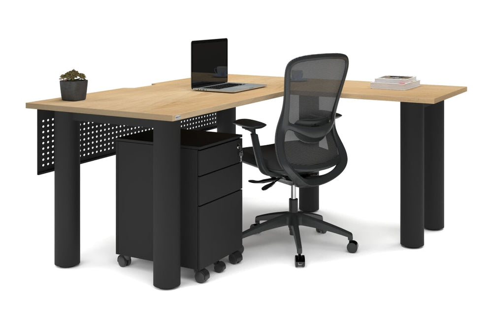 Quadro Cylinder Leg - L Shaped Corner Office Desk  [1600L x 1800W with Cable Scallop]-black leg dark oak metal modesty panel