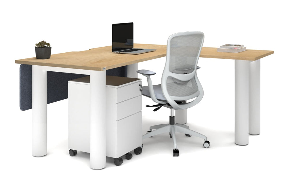 Quadro Cylinder Leg - L Shaped Corner Office Desk  [1600L x 1800W with Cable Scallop]-black leg dark oak metal modesty panel