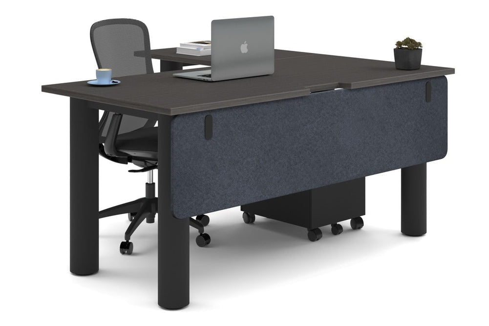 Quadro Cylinder Leg - L Shaped Corner Office Desk  [1600L x 1800W with Cable Scallop]-black leg dark oak dark grey acoustic modesty panel (350H x 1600W)