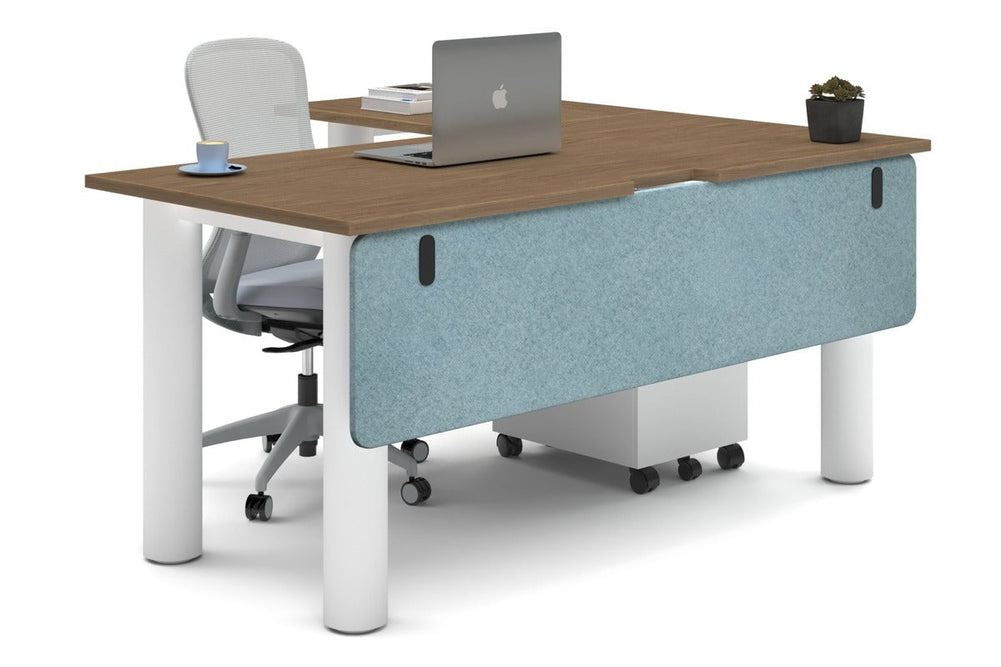 Quadro Cylinder Leg - L Shaped Corner Office Desk  [1600L x 1800W with Cable Scallop]-white leg salvage oak blue acoustic modesty panel (350H x 1600W)