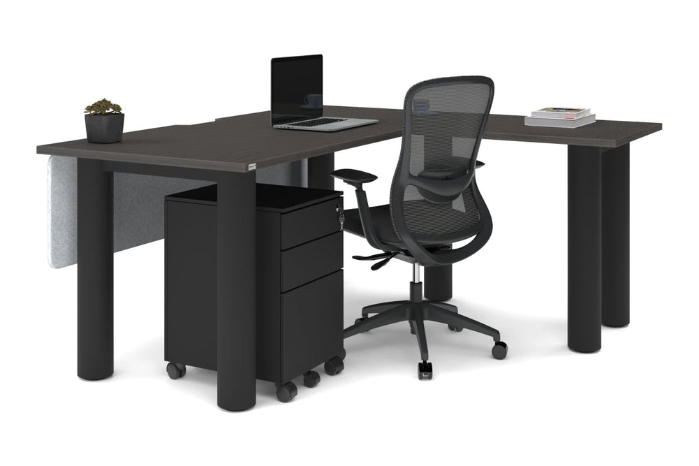 Quadro Cylinder Leg - L Shaped Corner Office Desk  [1600L x 1800W with Cable Scallop]-black leg dark oak metal modesty panel