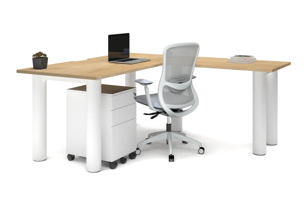Quadro Cylinder Leg - L Shaped Corner Office Desk  [1600L x 1800W with Cable Scallop]-black leg dark oak metal modesty panel