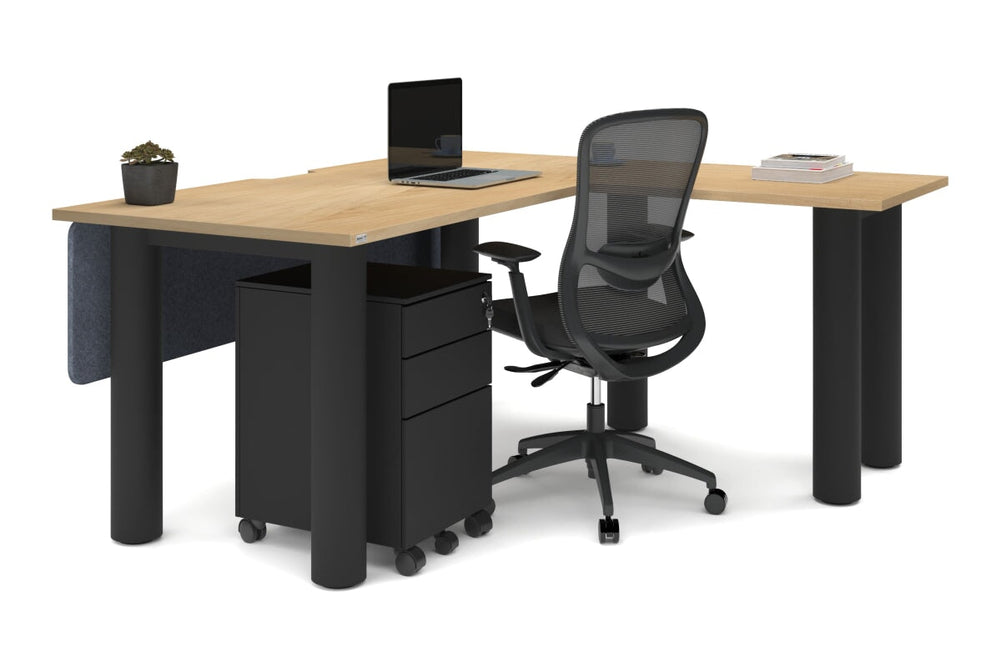 Quadro Cylinder Leg - L Shaped Corner Office Desk  [1600L x 1800W with Cable Scallop]-black leg dark oak metal modesty panel