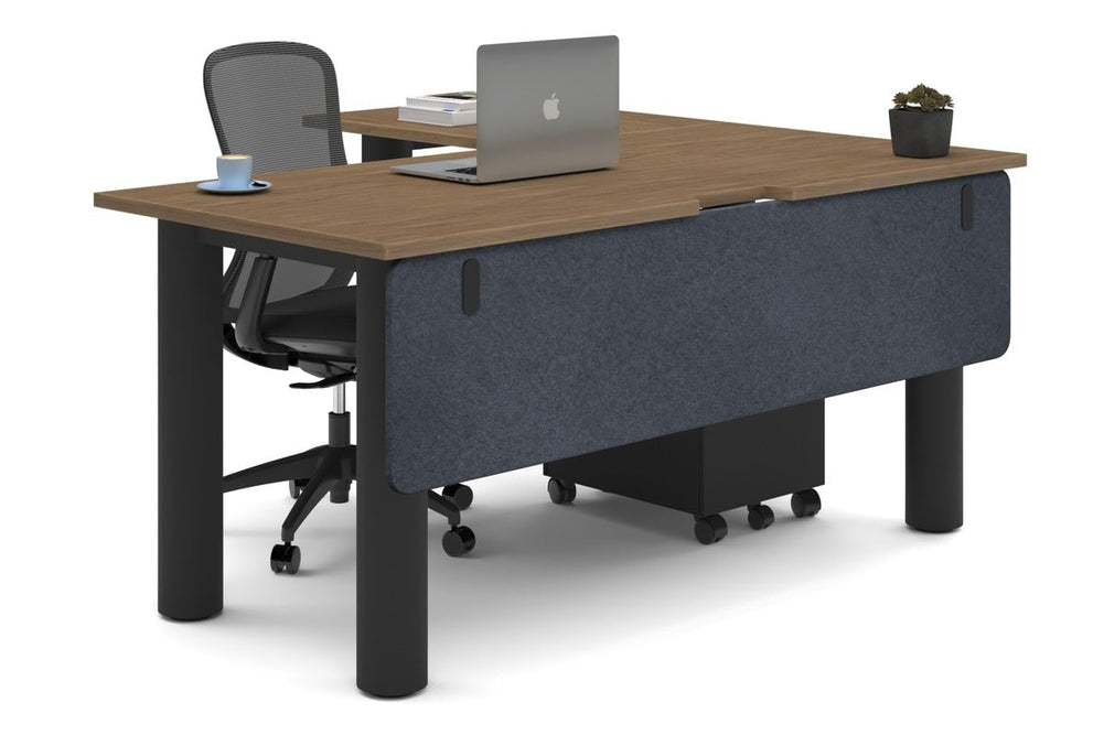 Quadro Cylinder Leg - L Shaped Corner Office Desk  [1600L x 1800W with Cable Scallop]-black leg salvage oak dark grey acoustic modesty panel (350H x 1600W)
