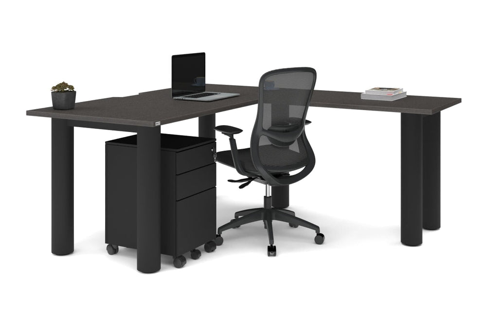 Quadro Cylinder Leg - L Shaped Corner Office Desk  [1600L x 1800W with Cable Scallop]-black leg dark oak metal modesty panel