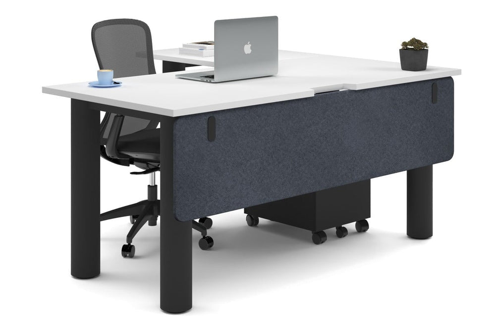 Quadro Cylinder Leg - L Shaped Corner Office Desk  [1600L x 1800W with Cable Scallop]-black leg white dark grey acoustic modesty panel (350H x 1600W)