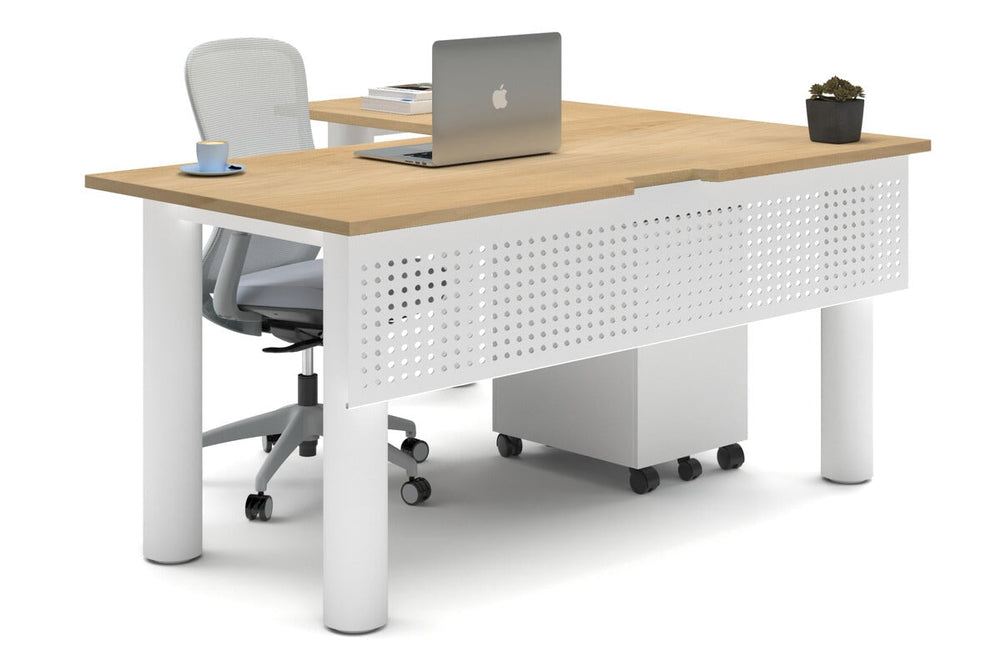 Quadro Cylinder Leg - L Shaped Corner Office Desk  [1600L x 1800W with Cable Scallop]-white leg maple metal modesty panel