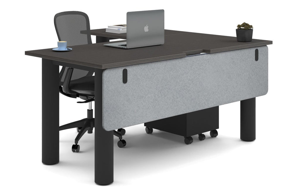 Quadro Cylinder Leg - L Shaped Corner Office Desk  [1600L x 1800W with Cable Scallop]-black leg dark oak light grey acoustic modesty panel (350H x 1600W)