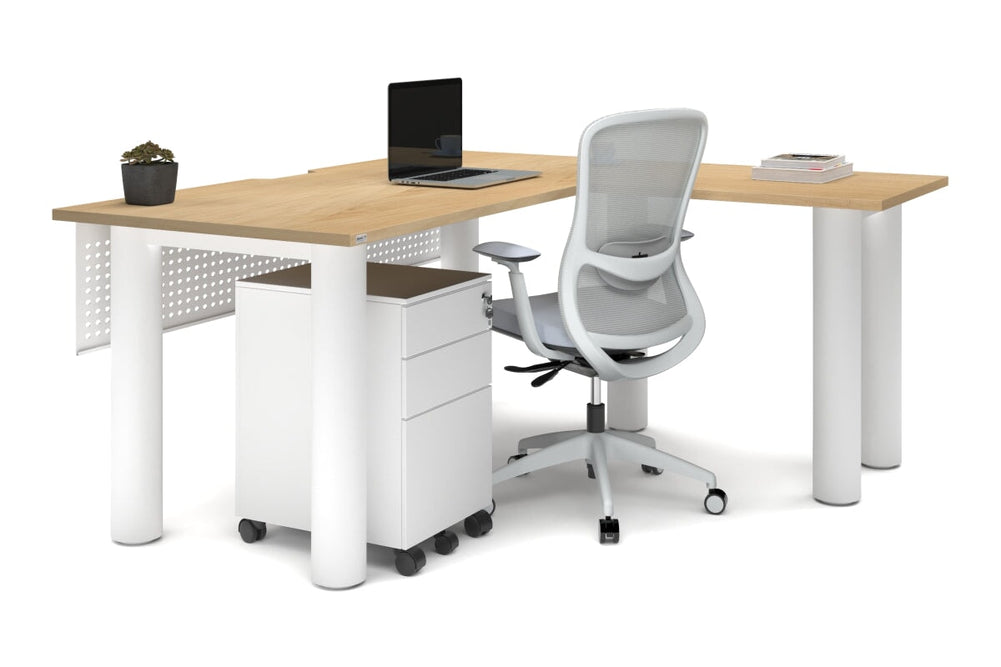 Quadro Cylinder Leg - L Shaped Corner Office Desk  [1600L x 1800W with Cable Scallop]-black leg dark oak metal modesty panel