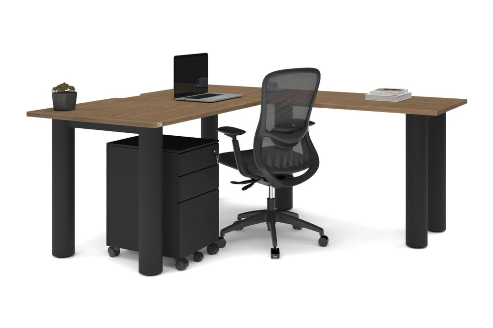 Quadro Cylinder Leg - L Shaped Corner Office Desk  [1600L x 1800W with Cable Scallop]-black leg dark oak metal modesty panel