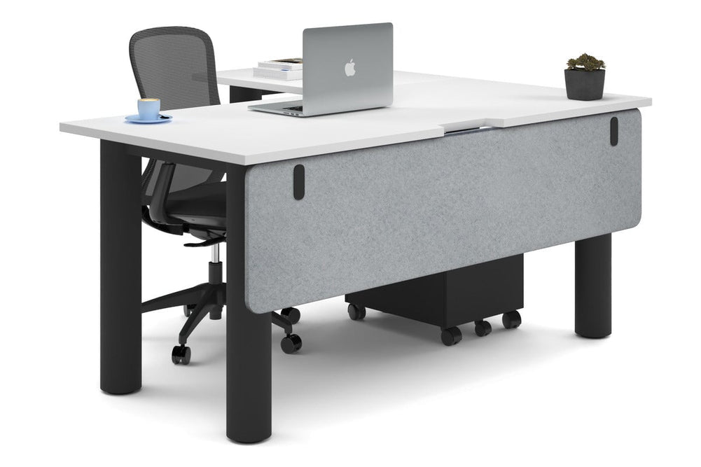 Quadro Cylinder Leg - L Shaped Corner Office Desk  [1600L x 1800W with Cable Scallop]-black leg white light grey acoustic modesty panel (350H x 1600W)
