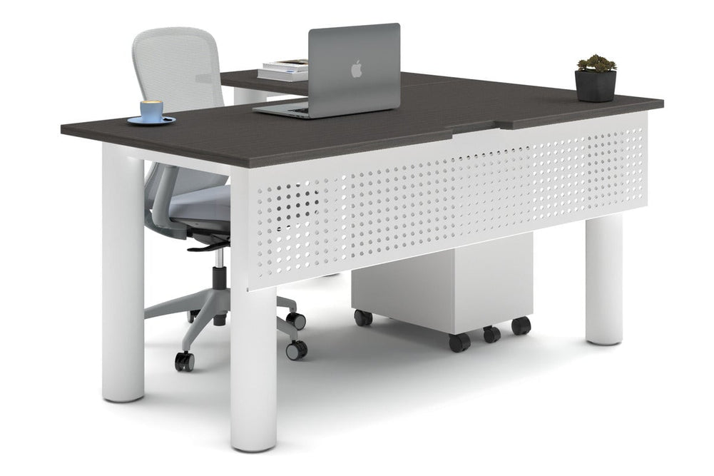 Quadro Cylinder Leg - L Shaped Corner Office Desk  [1600L x 1800W with Cable Scallop]-white leg dark oak metal modesty panel