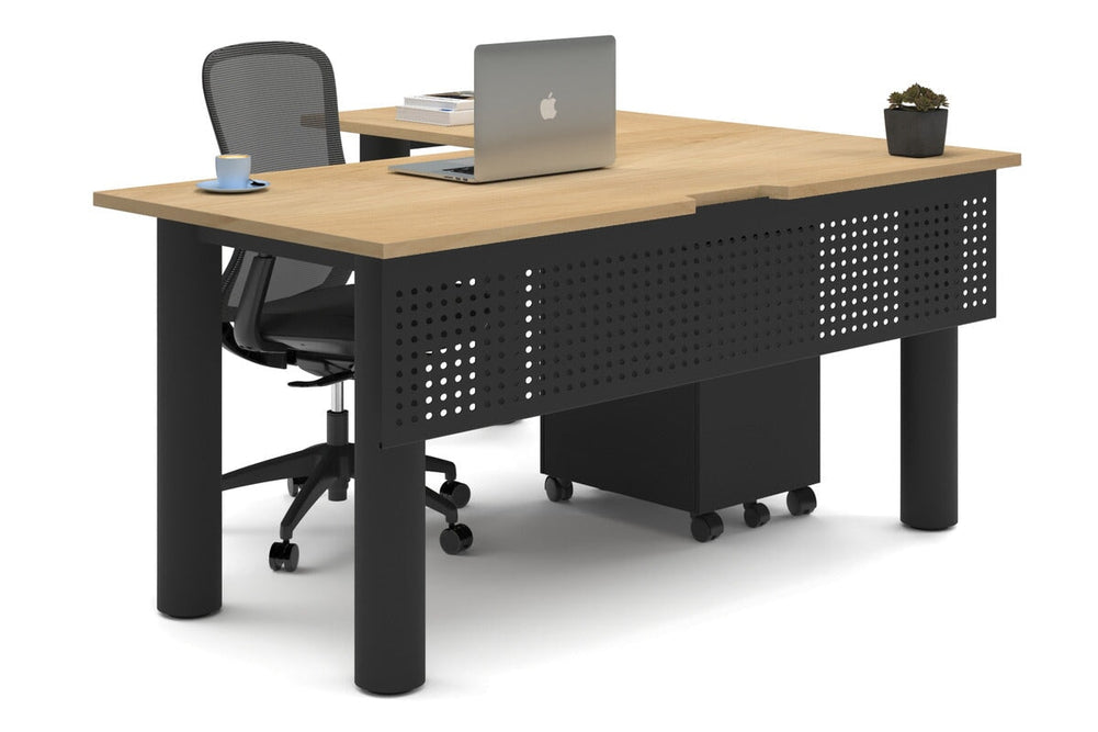 Quadro Cylinder Leg - L Shaped Corner Office Desk  [1600L x 1800W with Cable Scallop]-black leg maple metal modesty panel