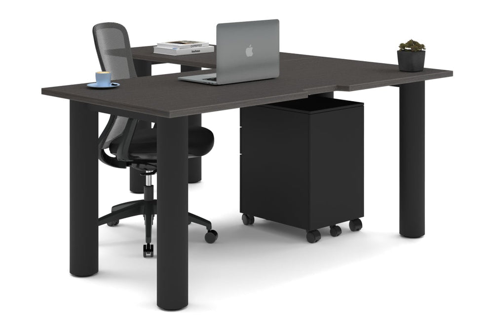 Quadro Cylinder Leg - L Shaped Corner Office Desk  [1600L x 1800W with Cable Scallop]-black leg dark oak none