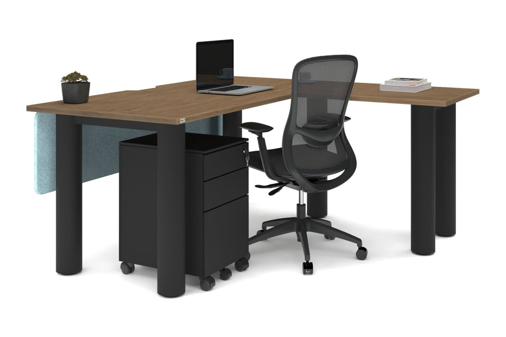 Quadro Cylinder Leg - L Shaped Corner Office Desk  [1600L x 1800W with Cable Scallop]-black leg dark oak metal modesty panel