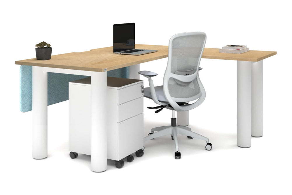 Quadro Cylinder Leg - L Shaped Corner Office Desk  [1600L x 1800W with Cable Scallop]-black leg dark oak metal modesty panel