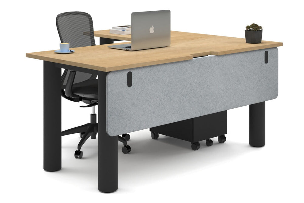 Quadro Cylinder Leg - L Shaped Corner Office Desk  [1600L x 1800W with Cable Scallop]-black leg maple light grey acoustic modesty panel (350H x 1600W)