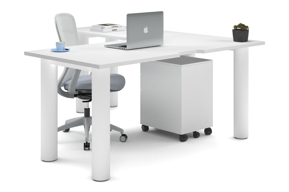 Quadro Cylinder Leg - L Shaped Corner Office Desk  [1600L x 1800W with Cable Scallop]-white leg white none