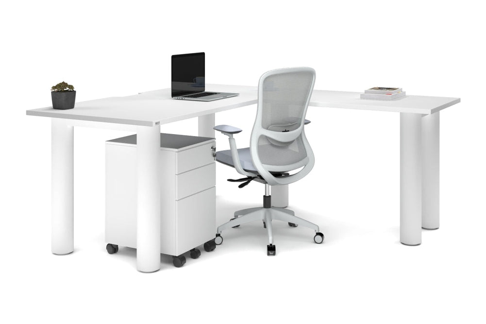 Quadro Cylinder Leg - L Shaped Corner Office Desk  [1600L x 1800W with Cable Scallop]-black leg dark oak metal modesty panel