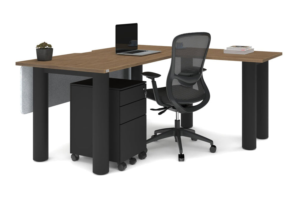 Quadro Cylinder Leg - L Shaped Corner Office Desk  [1600L x 1800W with Cable Scallop]-black leg dark oak metal modesty panel
