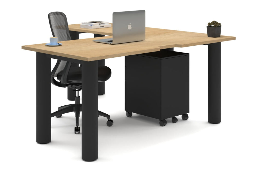 Quadro Cylinder Leg - L Shaped Corner Office Desk  [1600L x 1800W with Cable Scallop]-black leg maple none
