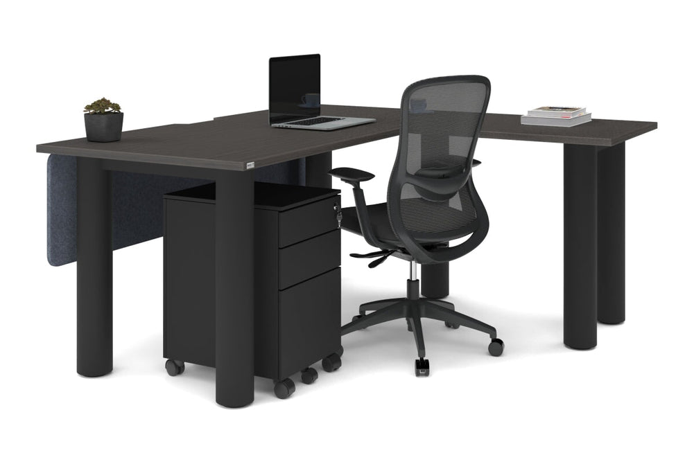 Quadro Cylinder Leg - L Shaped Corner Office Desk  [1600L x 1800W with Cable Scallop]-black leg dark oak metal modesty panel