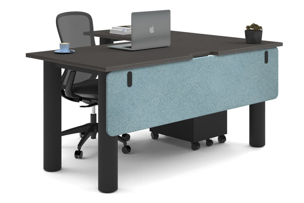 Quadro Cylinder Leg - L Shaped Corner Office Desk  [1600L x 1800W with Cable Scallop]-black leg dark oak blue acoustic modesty panel (350H x 1600W)