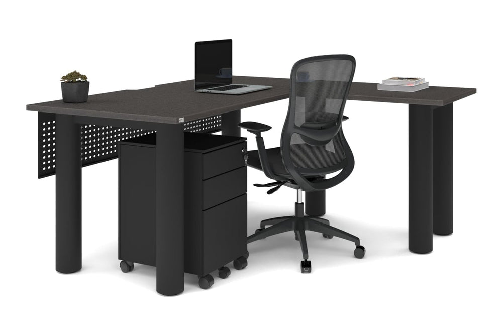 Quadro Cylinder Leg - L Shaped Corner Office Desk  [1600L x 1800W with Cable Scallop]-black leg dark oak metal modesty panel