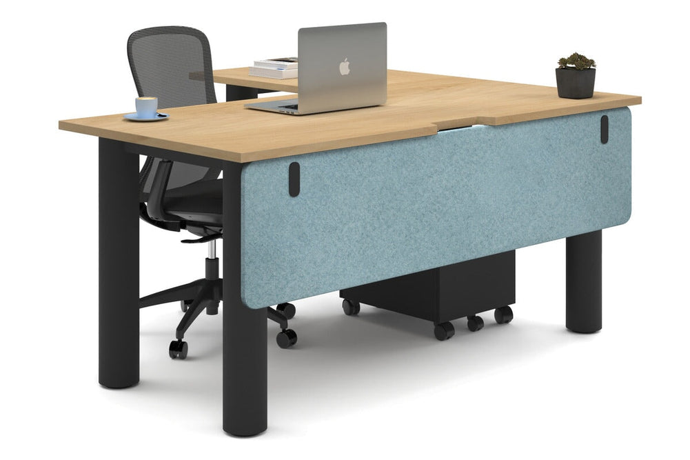 Quadro Cylinder Leg - L Shaped Corner Office Desk  [1600L x 1800W with Cable Scallop]-black leg maple blue acoustic modesty panel (350H x 1600W)