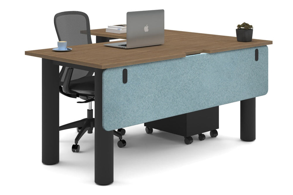 Quadro Cylinder Leg - L Shaped Corner Office Desk  [1600L x 1800W with Cable Scallop]-black leg salvage oak blue acoustic modesty panel (350H x 1600W)