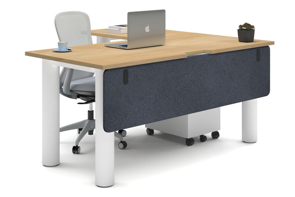 Quadro Cylinder Leg - L Shaped Corner Office Desk  [1600L x 1800W with Cable Scallop]-white leg maple dark grey acoustic modesty panel (350H x 1600W)