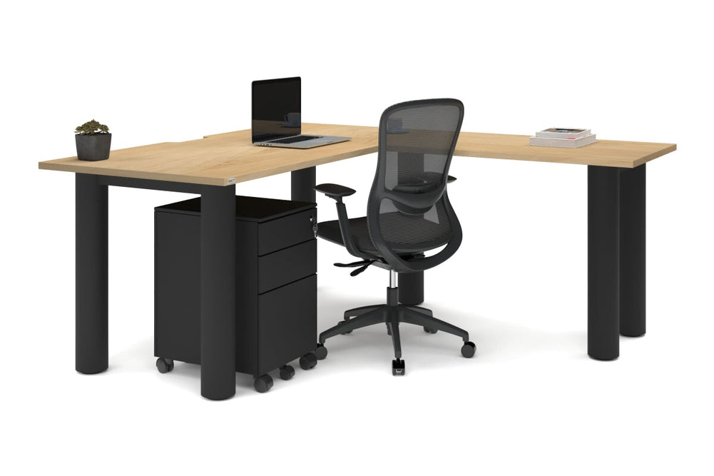 Quadro Cylinder Leg - L Shaped Corner Office Desk  [1600L x 1800W with Cable Scallop]-black leg dark oak metal modesty panel
