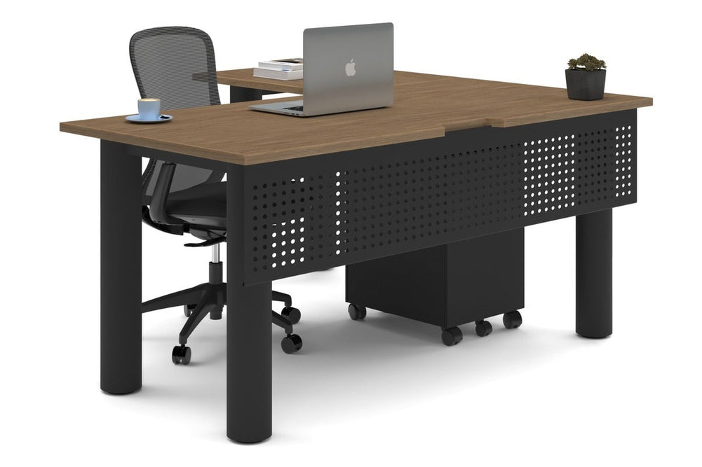 Quadro Cylinder Leg - L Shaped Corner Office Desk  [1600L x 1800W with Cable Scallop]-black leg salvage oak metal modesty panel