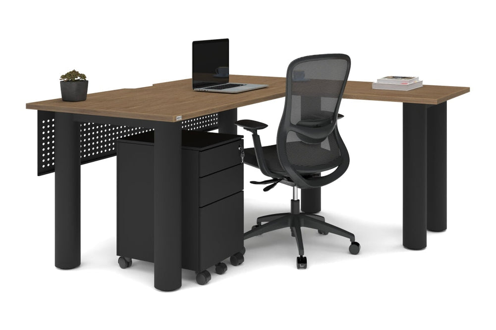 Quadro Cylinder Leg - L Shaped Corner Office Desk  [1600L x 1800W with Cable Scallop]-black leg dark oak metal modesty panel